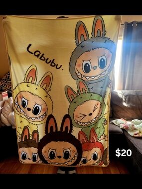 Labubu Character Plush Blanket - Yellow Background with Multicolor Characters/